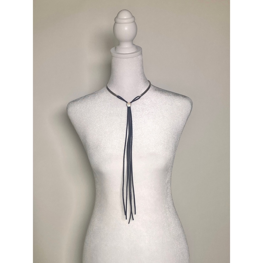 Free People metal and black leather fringe bolo style necklace
